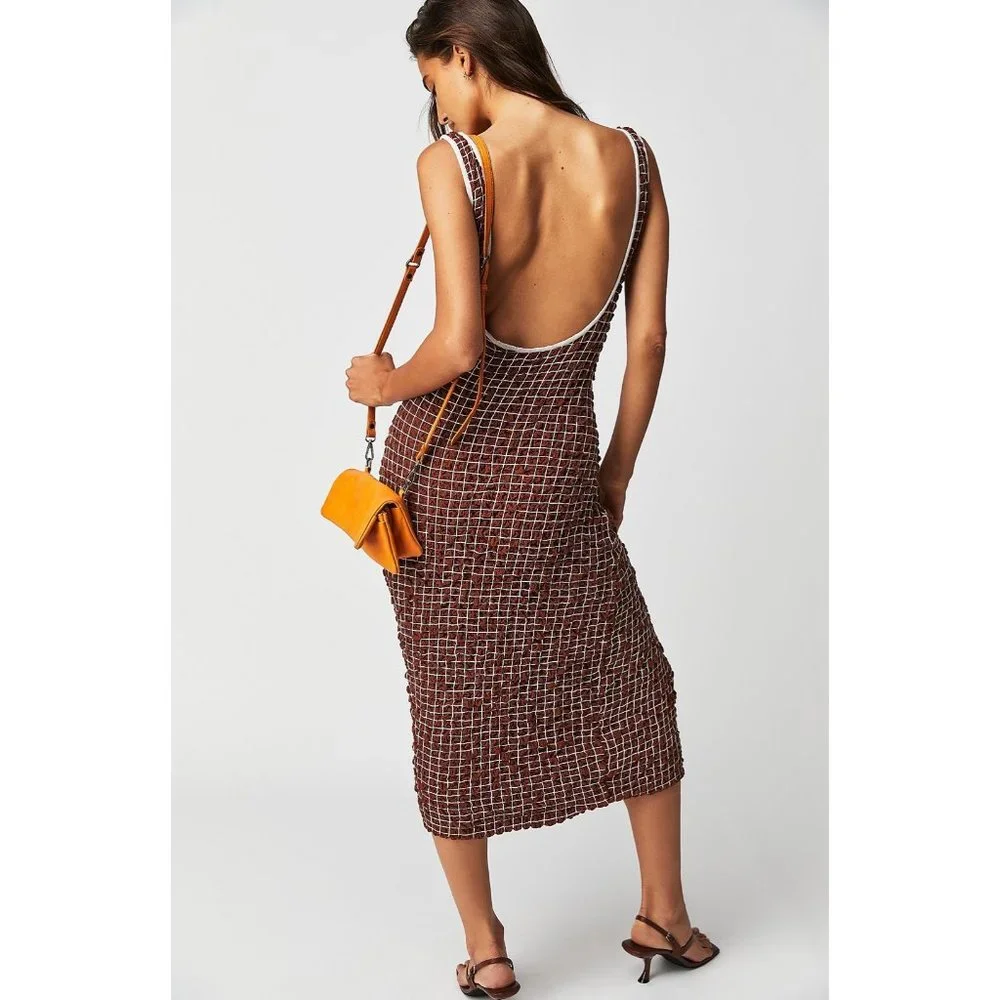 Free People Set The Bar Smocked Midi in Brown Size Medium Y2k 90s_3